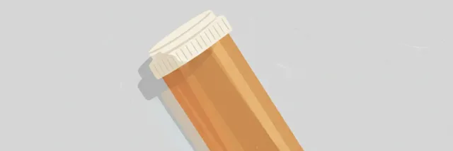 A single empty prescription pill bottle tipped on its side against a muted grey background, flat vector illustration.