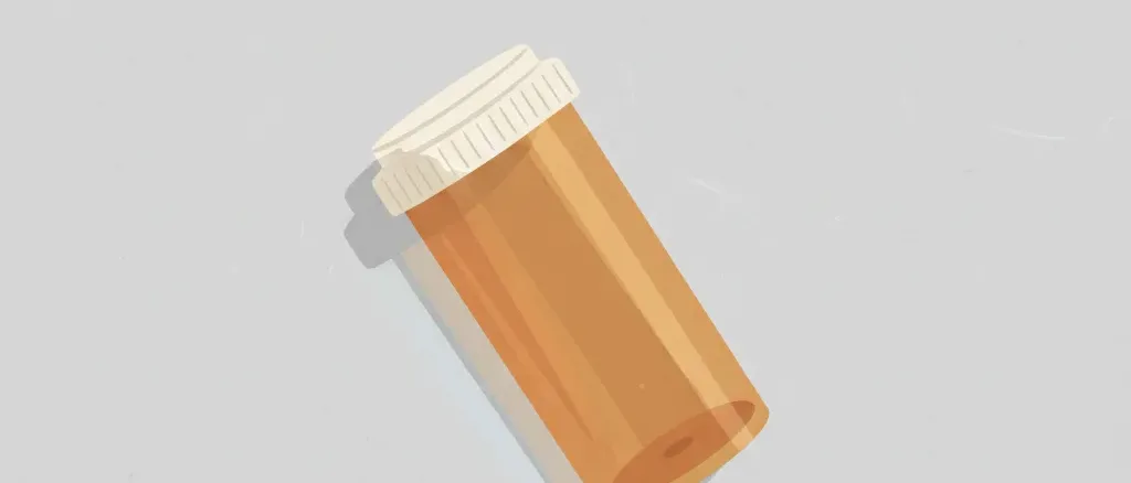 A single empty prescription pill bottle tipped on its side against a muted grey background, flat vector illustration.