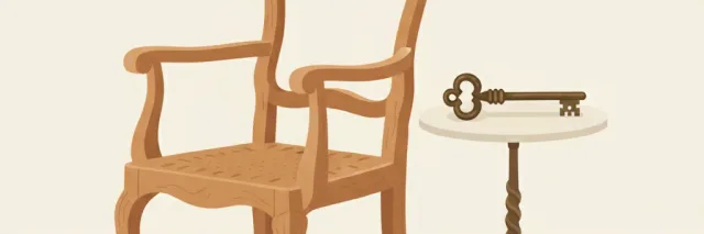 An empty wooden chair beside a small table with a single key on it, muted warm tones, flat vector illustration.