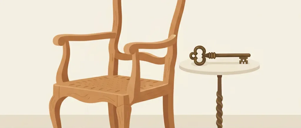 An empty wooden chair beside a small table with a single key on it, muted warm tones, flat vector illustration.