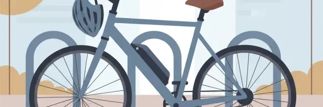 An electric bicycle parked next to a bike rack with a helmet hanging from the handlebars, flat vector illustration in muted tones.
