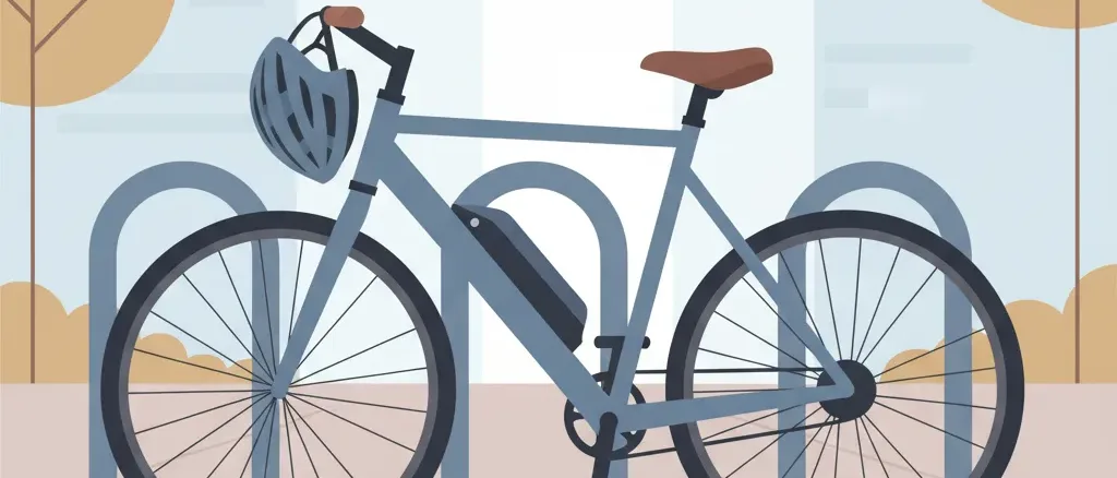 An electric bicycle parked next to a bike rack with a helmet hanging from the handlebars, flat vector illustration in muted tones.