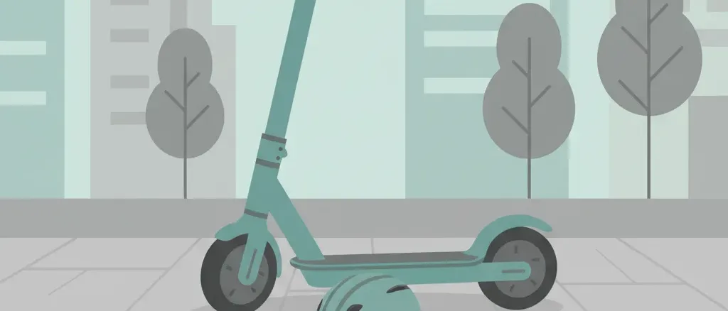 An electric scooter parked on a sidewalk next to a bicycle helmet resting on the ground, flat vector illustration in muted tones.