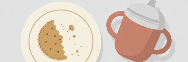 A half-eaten cracker on a small plate beside a child's sippy cup, flat vector illustration in muted tones.