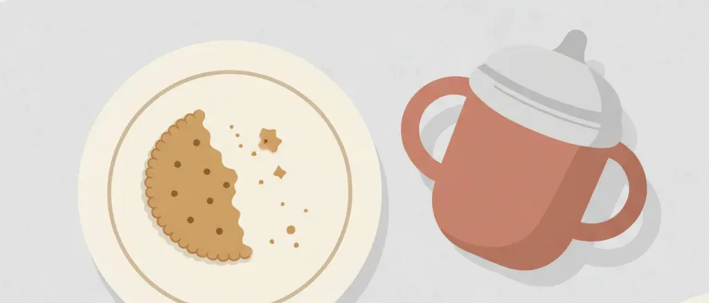 A half-eaten cracker on a small plate beside a child's sippy cup, flat vector illustration in muted tones.