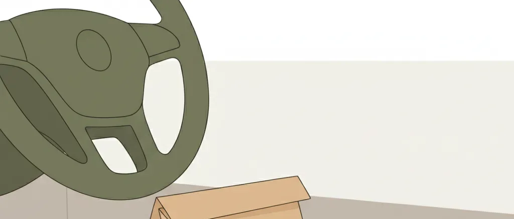 A paper takeout bag sitting on a car seat beside a steering wheel, flat vector illustration in muted tones.