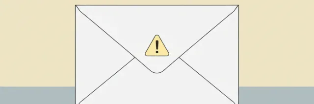 A flat vector illustration of a simple envelope with a small warning triangle, muted colour palette.