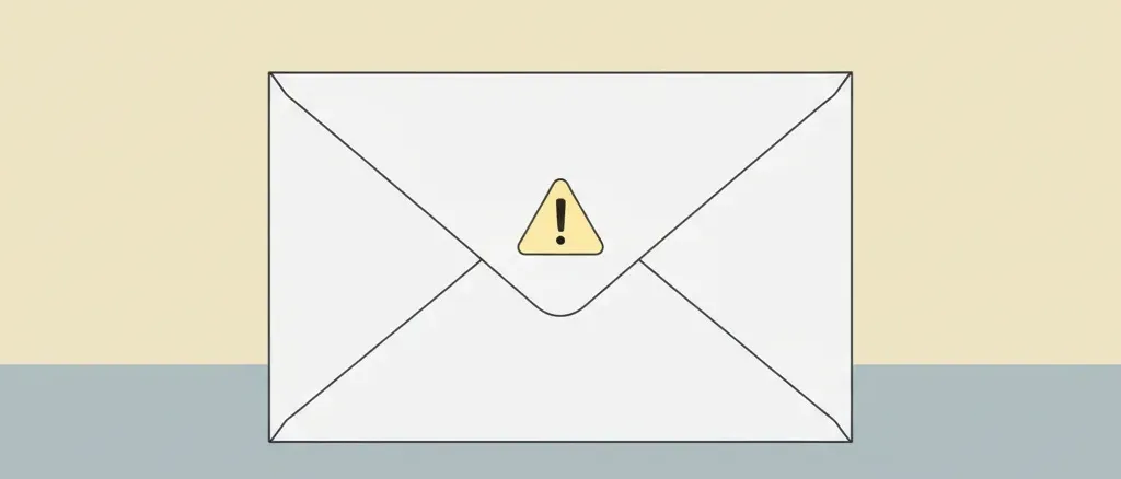 A flat vector illustration of a simple envelope with a small warning triangle, muted colour palette.