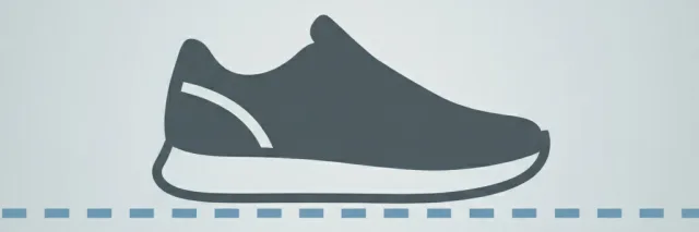 A single running shoe resting on a faint finish line against a muted grey background, flat vector illustration.