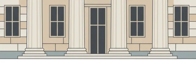 A classical government building with one cracked column, muted grey and stone tones, flat vector illustration.