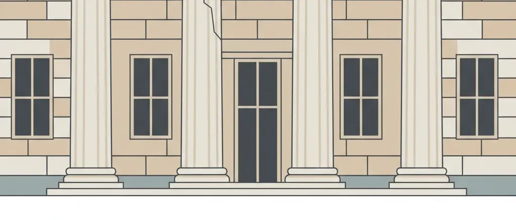 A classical government building with one cracked column, muted grey and stone tones, flat vector illustration.