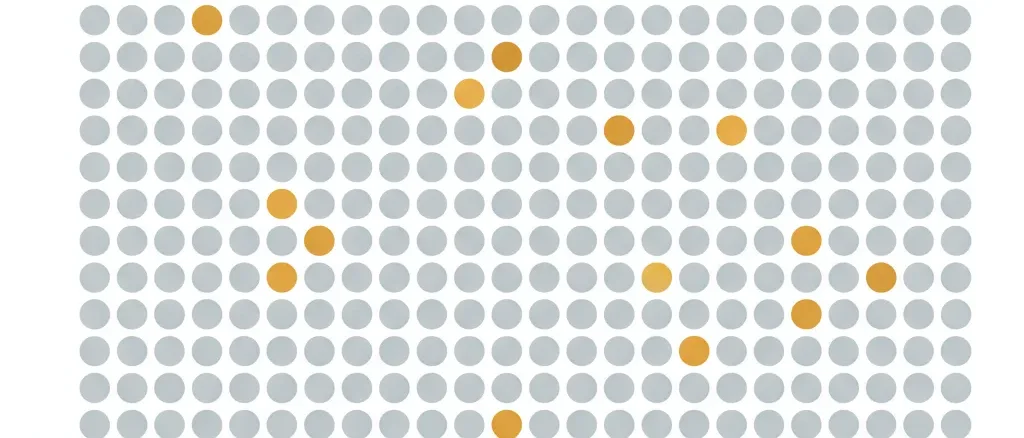 An abstract grid of small circles, most pale grey, a few highlighted in soft amber, flat vector illustration.
