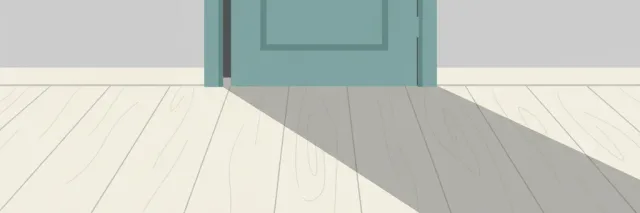 A closed door with a thin shadow across the threshold against a muted background, flat vector illustration.