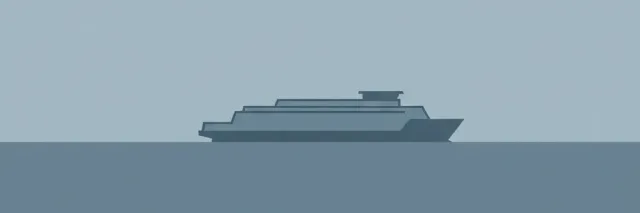 A single simplified ferry silhouette on a flat horizon line, rendered in muted blue-grey tones, flat vector illustration.