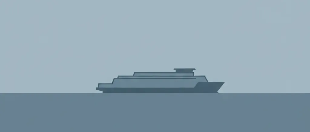 A single simplified ferry silhouette on a flat horizon line, rendered in muted blue-grey tones, flat vector illustration.