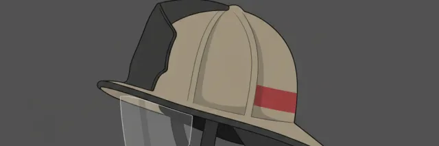 An empty firefighter helmet resting on a plain surface, flat vector editorial illustration.
