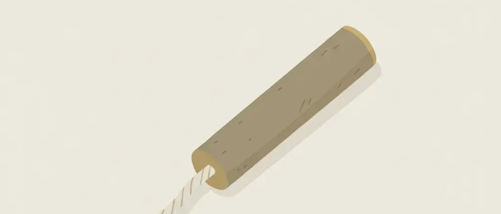 A single unlit firecracker resting on a pale surface, flat vector illustration in muted tones with a quiet red accent on the fuse.