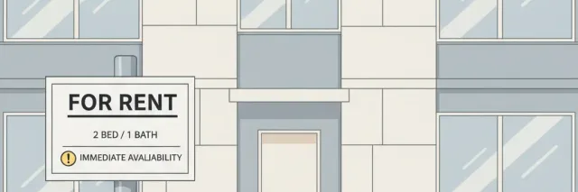 A flat vector illustration of a for-rent sign outside an apartment building, muted tones.
