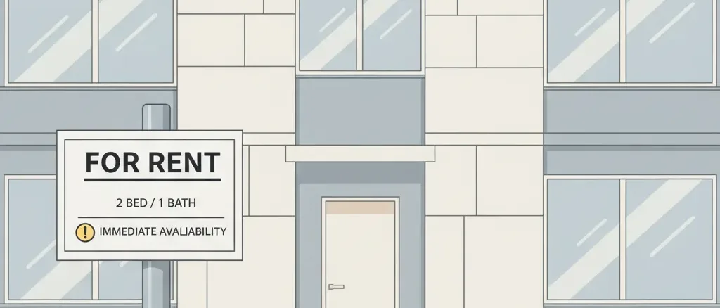 A flat vector illustration of a for-rent sign outside an apartment building, muted tones.