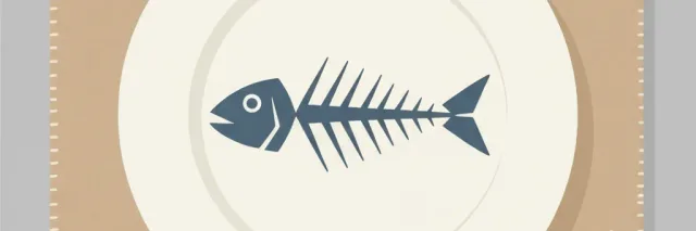 A single stylized fish skeleton on a plate, flat vector illustration with muted blue-grey tones.