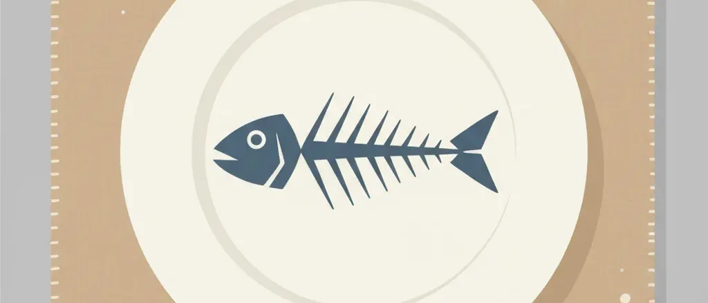 A single stylized fish skeleton on a plate, flat vector illustration with muted blue-grey tones.