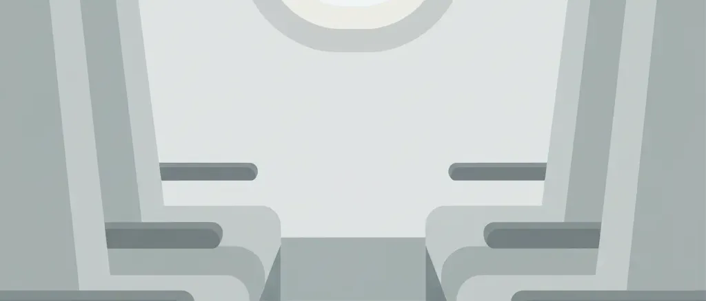 A single stylized airplane window in muted grey-blue tones against a pale sky, flat vector illustration, empty cabin.