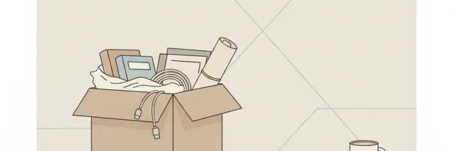 A flat vector illustration of an empty office desk with a cardboard box, muted tones.