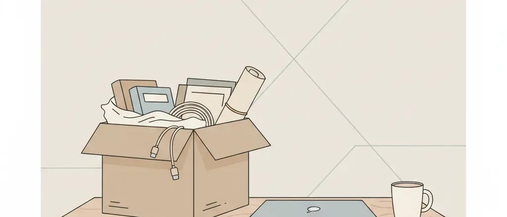 A flat vector illustration of an empty office desk with a cardboard box, muted tones.