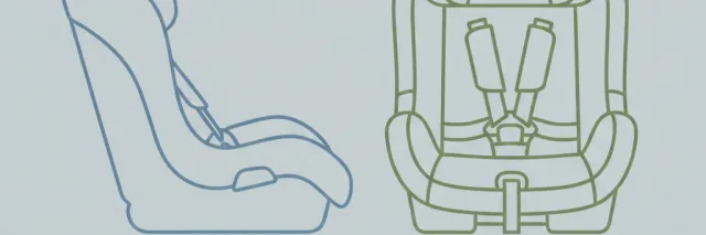 Two simple empty child car-seat outlines side by side, one rear-facing and one forward-facing, in muted flat-vector tones on a pale grey-blue background, no child, no vehicle.