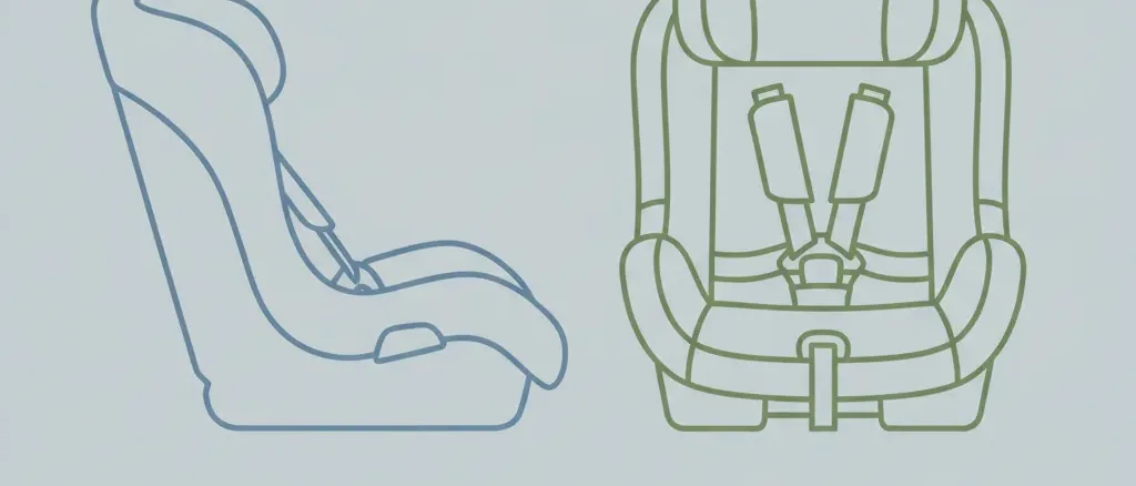 Two simple empty child car-seat outlines side by side, one rear-facing and one forward-facing, in muted flat-vector tones on a pale grey-blue background, no child, no vehicle.