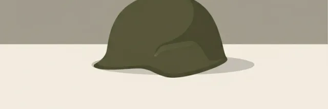 A single military helmet resting on a neutral surface, viewed from the side, flat vector illustration in muted olive and grey tones.