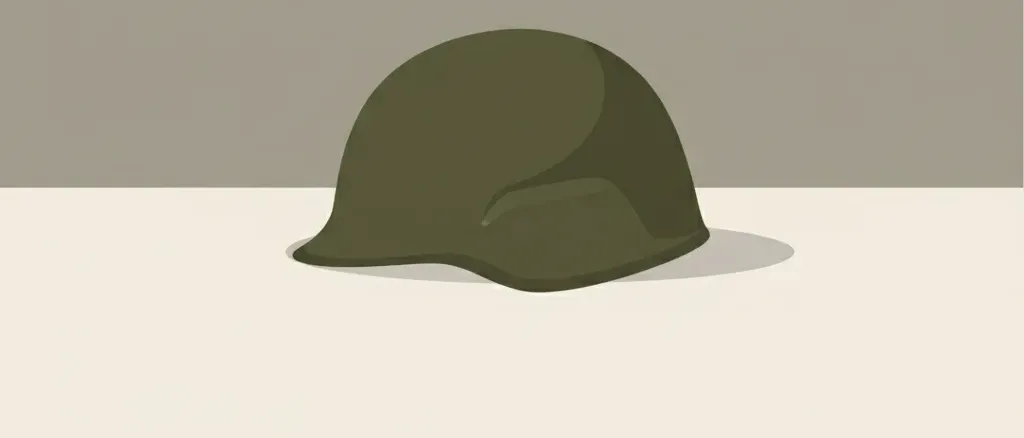 A single military helmet resting on a neutral surface, viewed from the side, flat vector illustration in muted olive and grey tones.