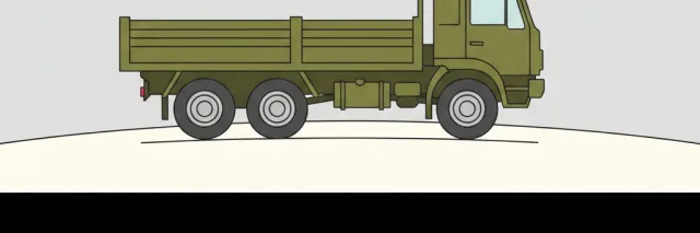 A supply truck with a simple flat cargo bed on a road, no driver visible, flat vector illustration in muted olive and grey tones.