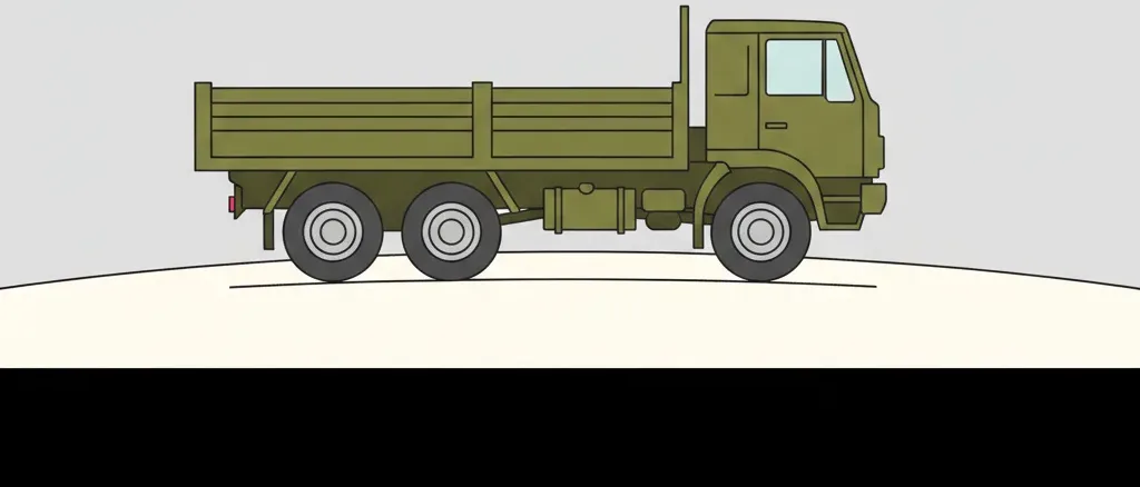 A supply truck with a simple flat cargo bed on a road, no driver visible, flat vector illustration in muted olive and grey tones.