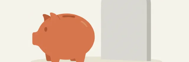 A simple piggy bank next to a small headstone shape, flat vector illustration in muted tones.