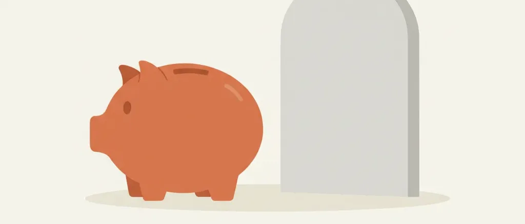 A simple piggy bank next to a small headstone shape, flat vector illustration in muted tones.