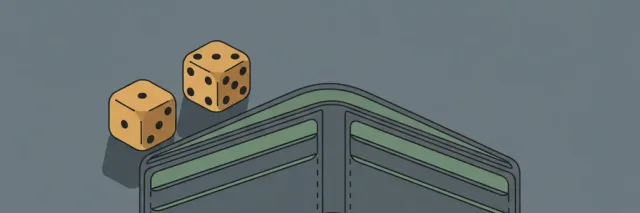 A pair of dice casting a long shadow over an empty wallet, muted grey and amber tones, flat vector illustration.