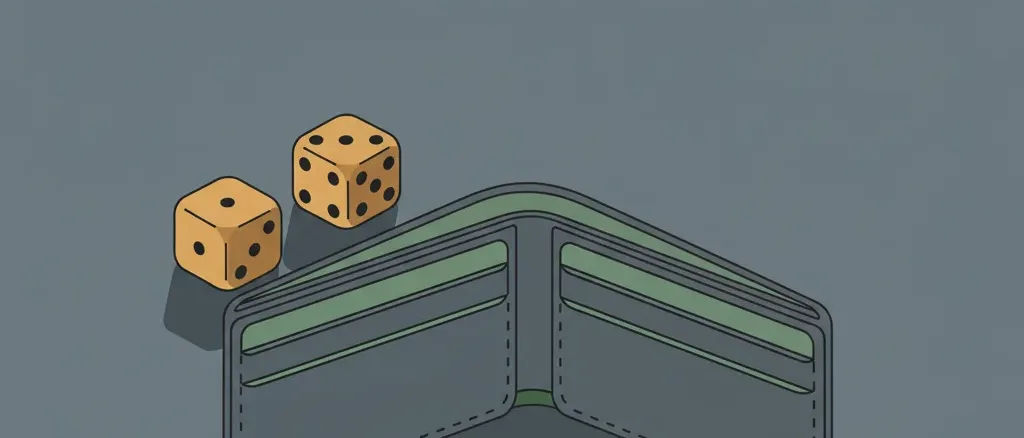 A pair of dice casting a long shadow over an empty wallet, muted grey and amber tones, flat vector illustration.