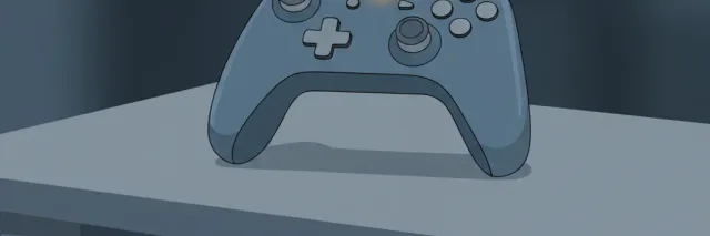 A game controller resting on a surface in a dimly lit room, muted blue-grey tones, flat vector illustration.
