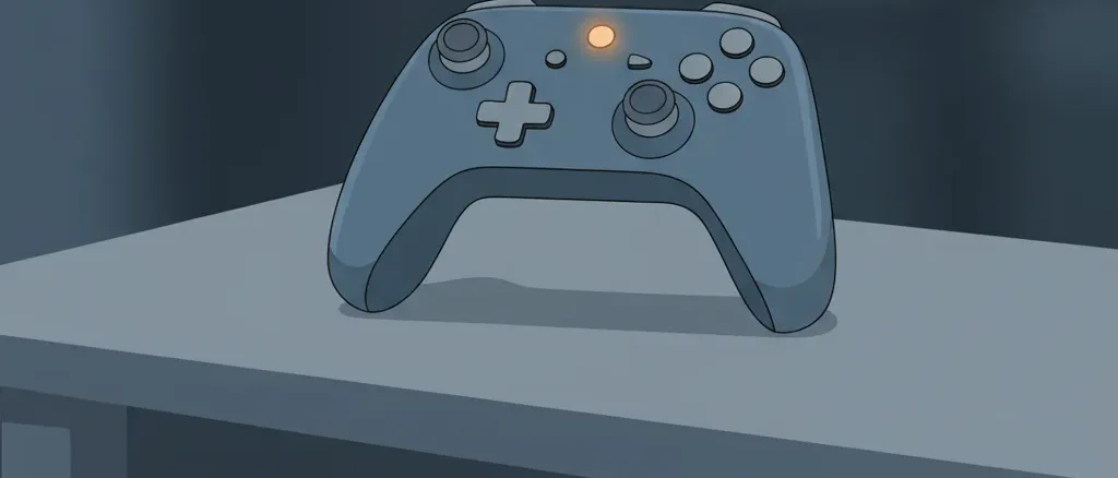 A game controller resting on a surface in a dimly lit room, muted blue-grey tones, flat vector illustration.