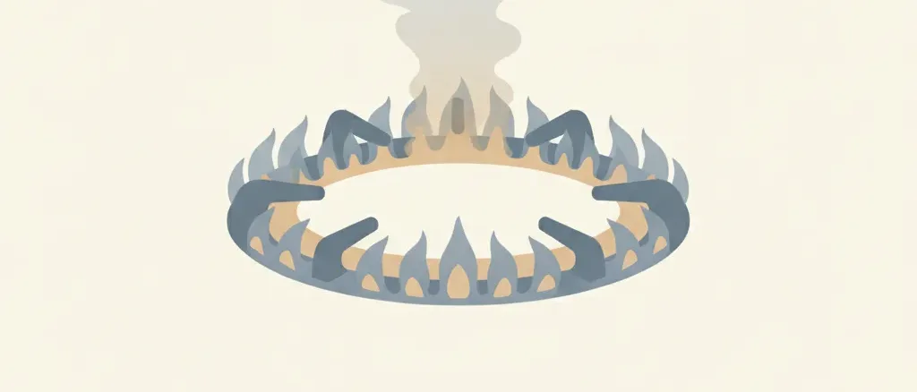 An abstract gas burner ring dispersing into hazy air, muted blue-grey and warm sand, flat vector.