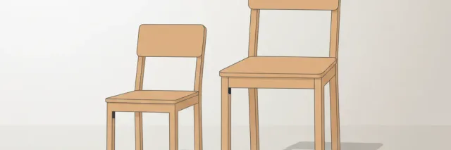A small empty wooden chair next to a larger empty wooden chair on a pale background, flat vector illustration.