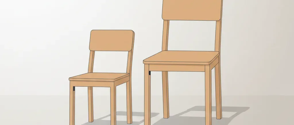 A small empty wooden chair next to a larger empty wooden chair on a pale background, flat vector illustration.