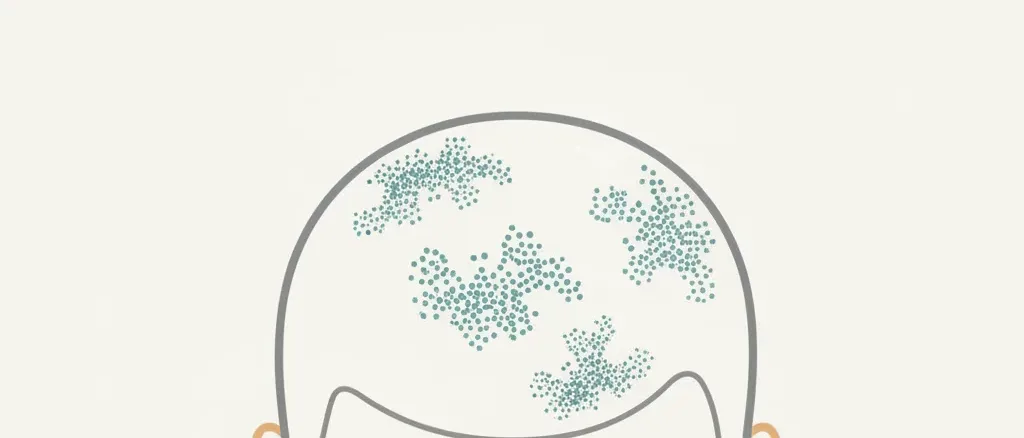 A flat vector illustration of a stylized scalp outline with small abstract graft markers, muted teal and grey tones.