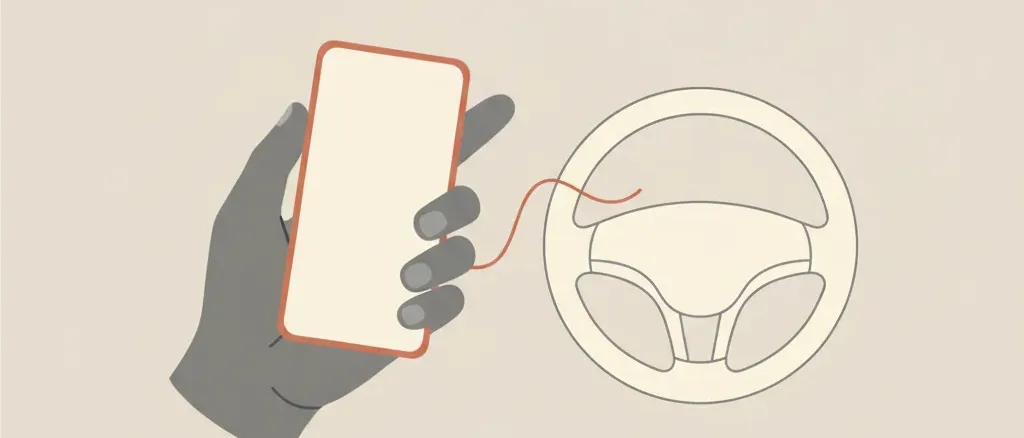 A single muted mobile phone held loosely beside a pale steering wheel silhouette, flat vector illustration.