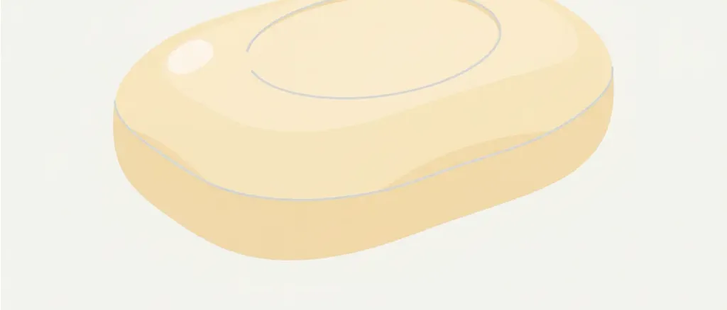 A single bar of soap resting on a pale surface, viewed from above, flat vector illustration in muted tones.