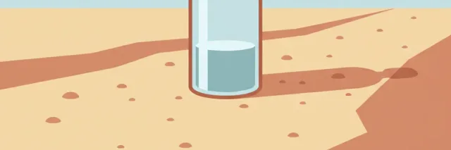 A single water bottle casting a long shadow on a sunlit dusty trail, flat vector illustration in muted earth tones.