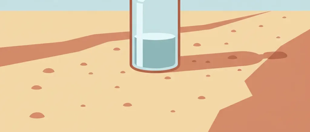 A single water bottle casting a long shadow on a sunlit dusty trail, flat vector illustration in muted earth tones.
