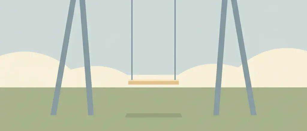 An empty playground swing hanging motionless against a muted sky, flat vector illustration in subdued blue-grey tones.