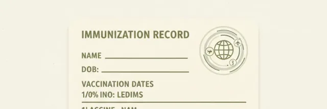 A single stylized vaccination record card on a flat surface, muted tones, flat vector illustration.